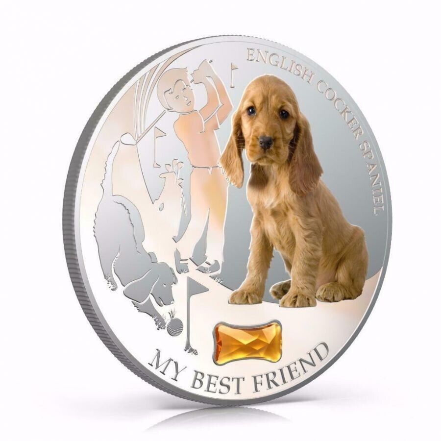 1 Oz Silver Coin 2013 $2 Fiji Dogs &amp; Cats Dog w/ stone - English Cocker Spaniel-classypw.com-2
