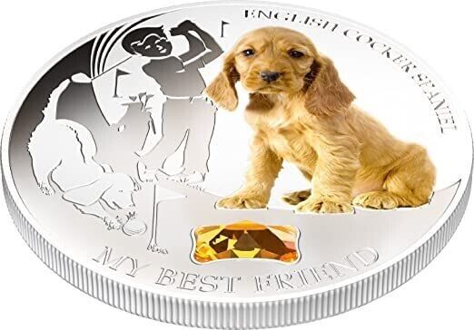 1 Oz Silver Coin 2013 $2 Fiji Dogs &amp; Cats Dog w/ stone - English Cocker Spaniel-classypw.com-3