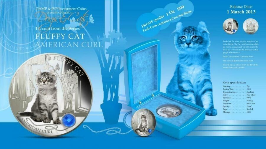 1 Oz Silver Coin 2013 $2 Fiji Dogs & Cats - Fluffy Cat w/ stone - American Curl-classypw.com-6