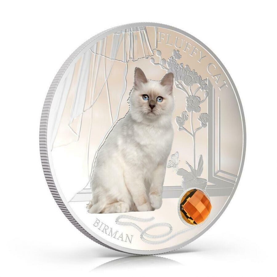 1 Oz Silver Coin 2013 $2 Fiji Dogs & Cats Fluffy Cat w/stone - Birman-classypw.com-2