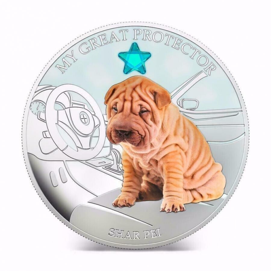 1 Oz Silver Coin 2013 $2 Fiji Dogs &amp; Cats - Great Protector w/ stone - Shar Pei-classypw.com-1