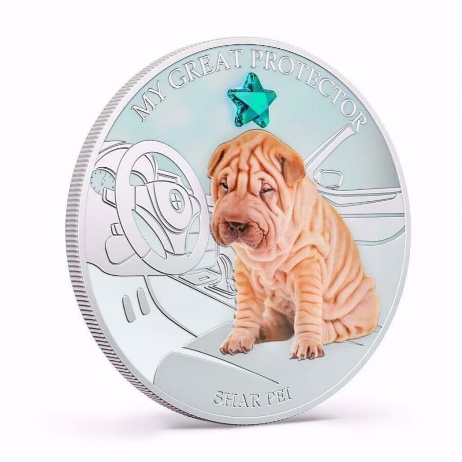 1 Oz Silver Coin 2013 $2 Fiji Dogs &amp; Cats - Great Protector w/ stone - Shar Pei-classypw.com-2