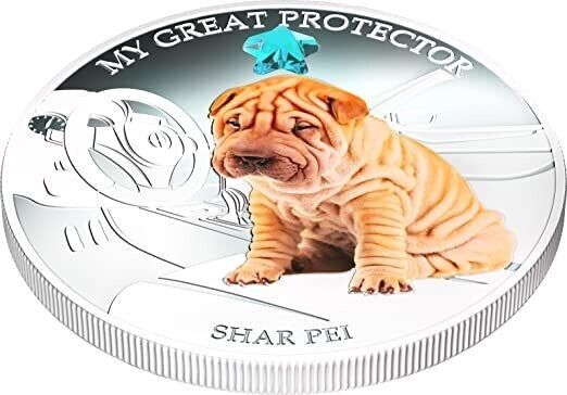 1 Oz Silver Coin 2013 $2 Fiji Dogs &amp; Cats - Great Protector w/ stone - Shar Pei-classypw.com-3