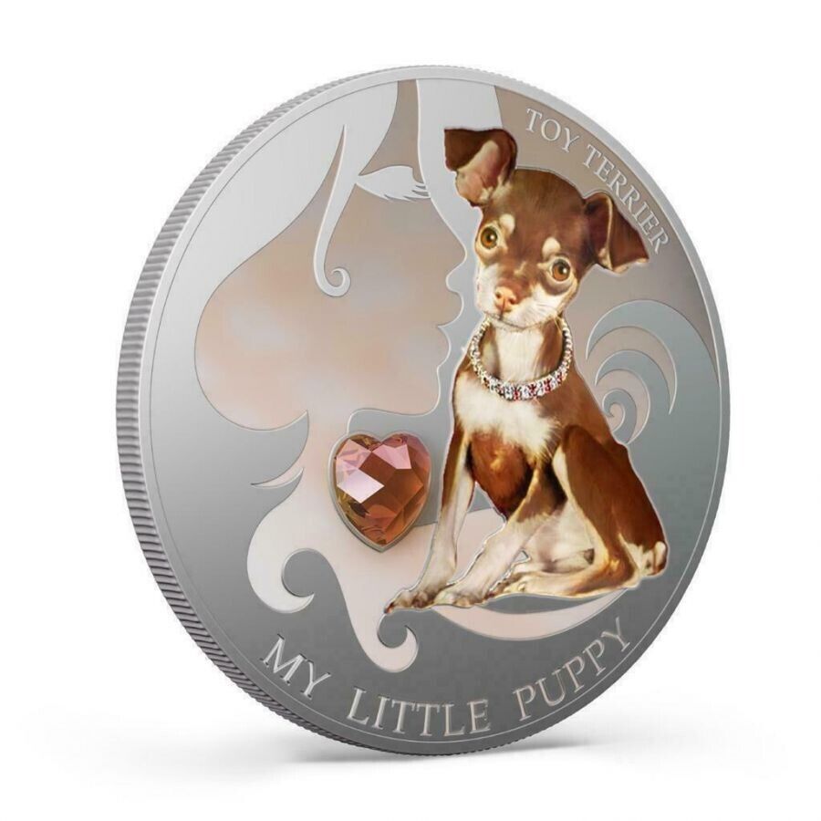 1 Oz Silver Coin 2013 $2 Fiji Dogs &amp; Cats - Little Puppy w/ stone - Toy Terrier-classypw.com-2