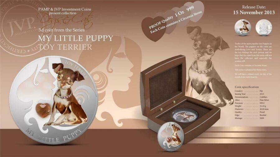 1 Oz Silver Coin 2013 $2 Fiji Dogs & Cats - Little Puppy w/ stone - Toy Terrier-classypw.com-6