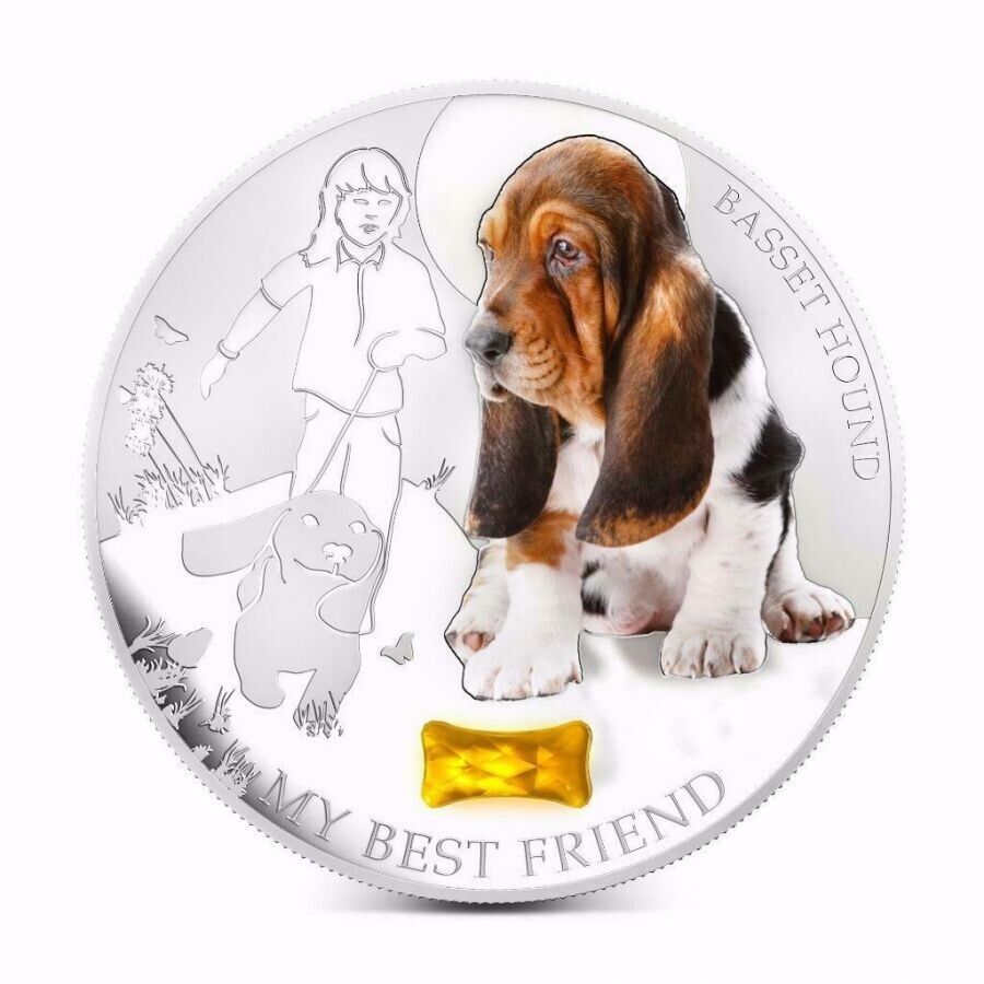 1 Oz Silver Coin 2013 $2 Fiji Dogs &amp; Cats My Best Friend w/ stone - Basset Hound-classypw.com-1