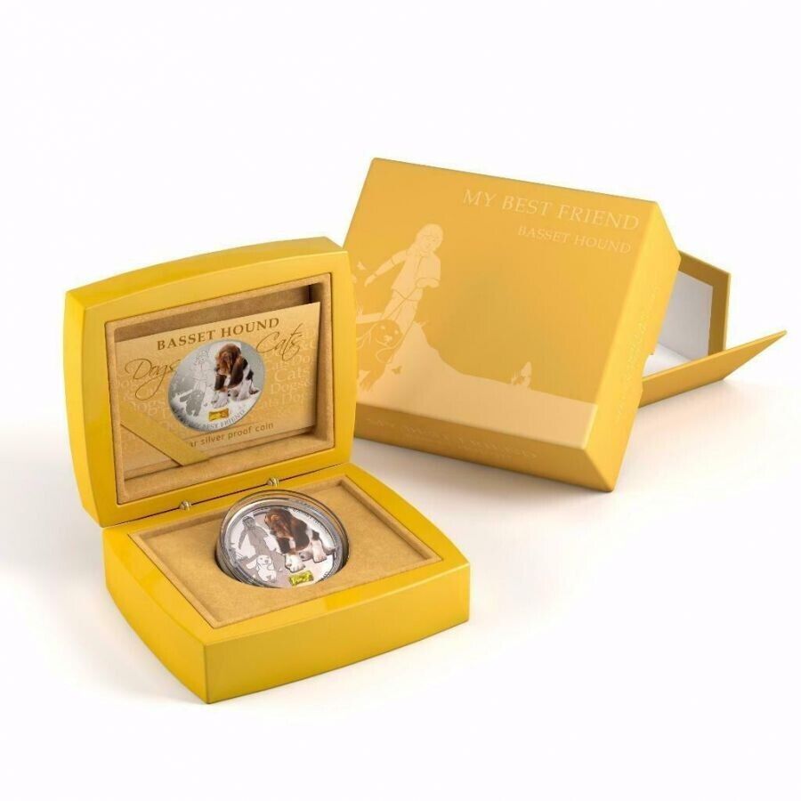 1 Oz Silver Coin 2013 $2 Fiji Dogs &amp; Cats My Best Friend w/ stone - Basset Hound-classypw.com-2