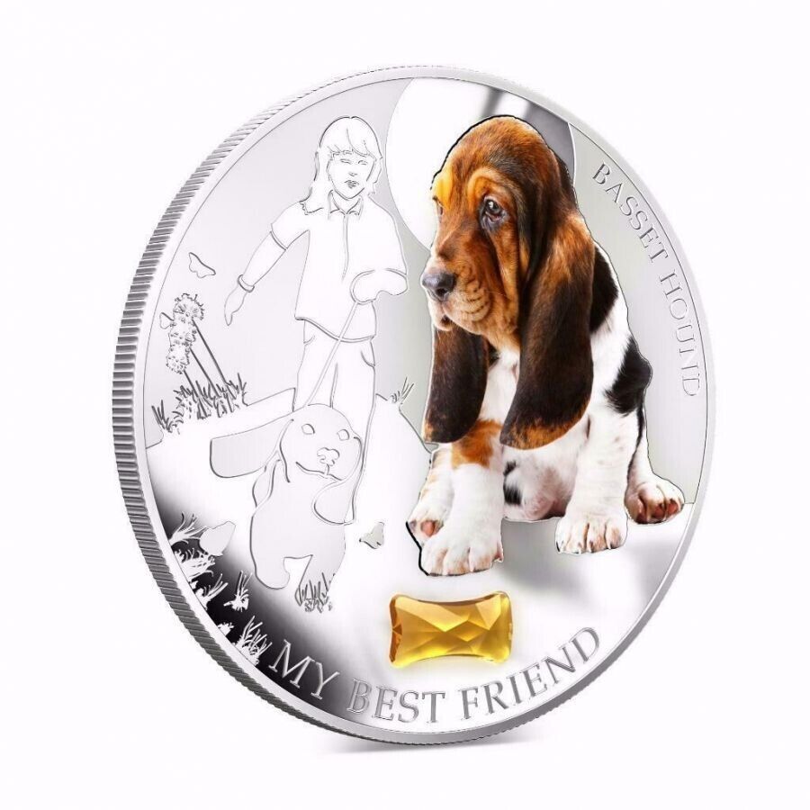 1 Oz Silver Coin 2013 $2 Fiji Dogs &amp; Cats My Best Friend w/ stone - Basset Hound-classypw.com-3