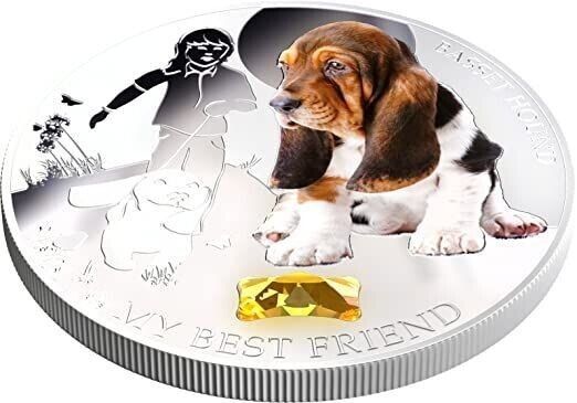 1 Oz Silver Coin 2013 $2 Fiji Dogs &amp; Cats My Best Friend w/ stone - Basset Hound-classypw.com-4