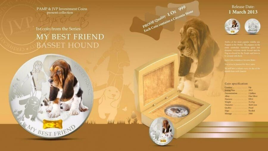 1 Oz Silver Coin 2013 $2 Fiji Dogs &amp; Cats My Best Friend w/ stone - Basset Hound-classypw.com-6