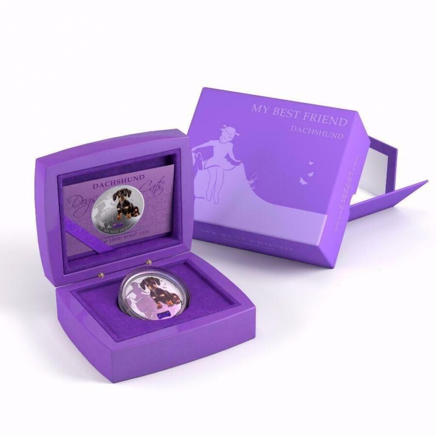 1 Oz Silver Coin 2013 $2 Fiji Dogs &amp; Cats - My Best Friend w/ stone - Dachshund-classypw.com-2