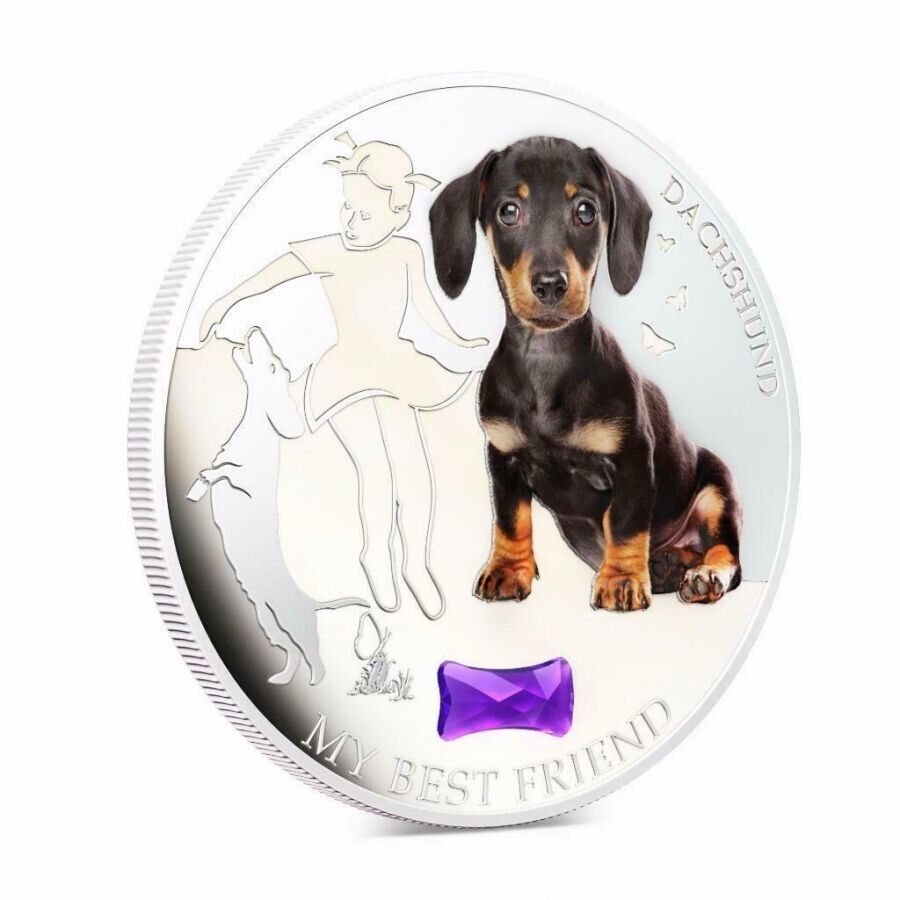 1 Oz Silver Coin 2013 $2 Fiji Dogs & Cats - My Best Friend w/ stone - Dachshund-classypw.com-3