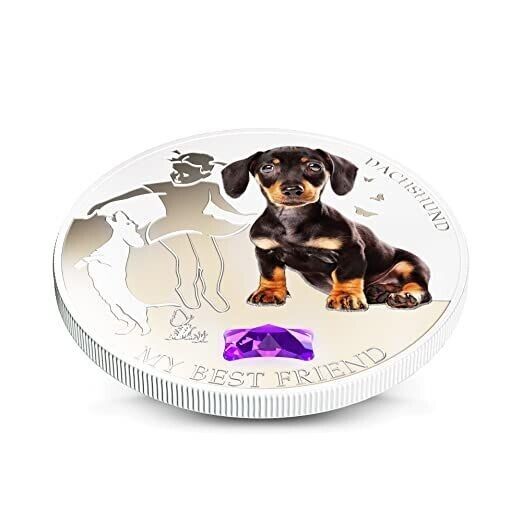 1 Oz Silver Coin 2013 $2 Fiji Dogs &amp; Cats - My Best Friend w/ stone - Dachshund-classypw.com-4