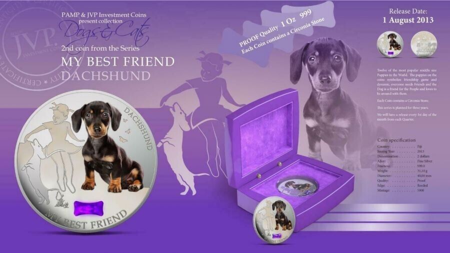1 Oz Silver Coin 2013 $2 Fiji Dogs & Cats - My Best Friend w/ stone - Dachshund-classypw.com-6
