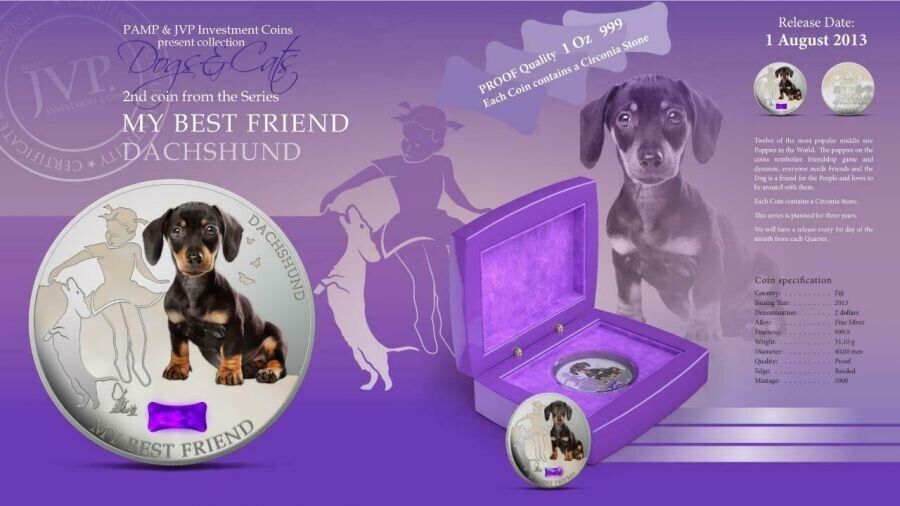 1 Oz Silver Coin 2013 $2 Fiji Dogs &amp; Cats - My Best Friend w/ stone - Dachshund-classypw.com-6