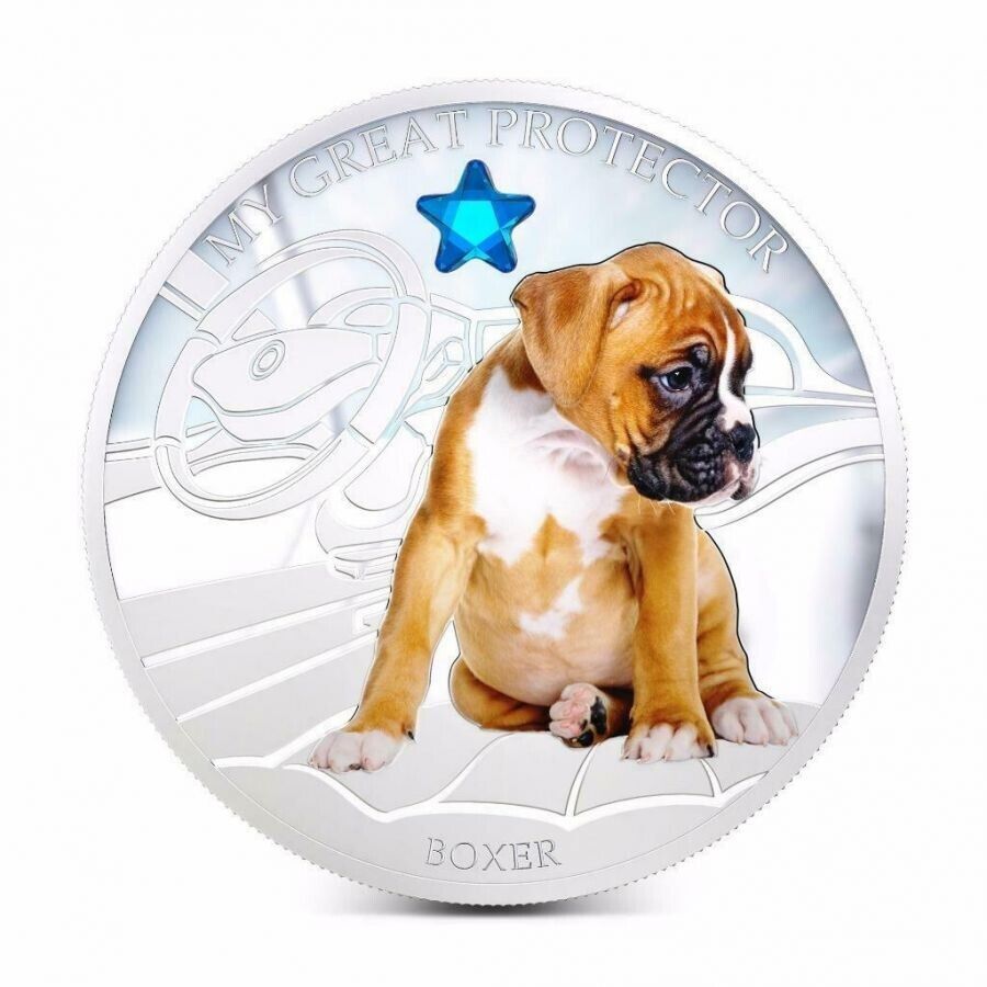 1 Oz Silver Coin 2013 $2 Fiji Dogs & Cats - My Great Protector w/ stone - Boxer-classypw.com-1