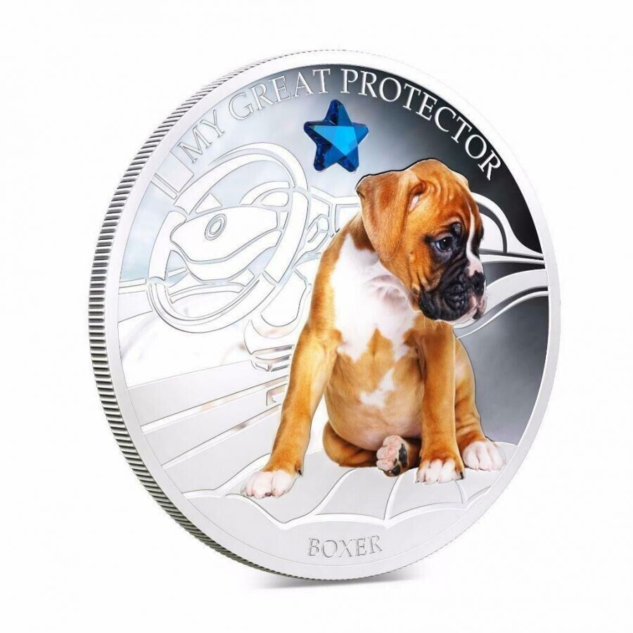 1 Oz Silver Coin 2013 $2 Fiji Dogs & Cats - My Great Protector w/ stone - Boxer-classypw.com-3