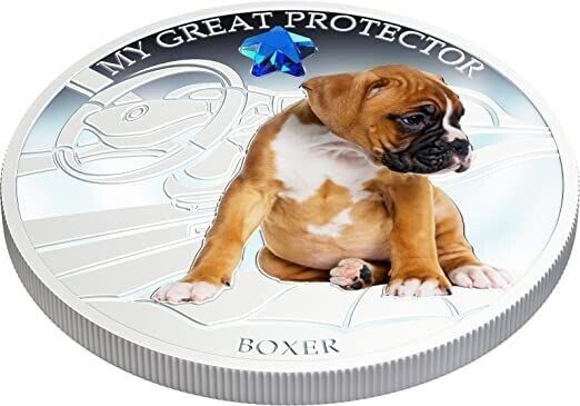 1 Oz Silver Coin 2013 $2 Fiji Dogs & Cats - My Great Protector w/ stone - Boxer-classypw.com-4