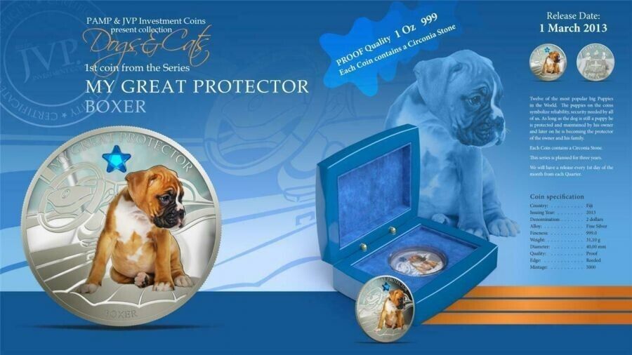 1 Oz Silver Coin 2013 $2 Fiji Dogs & Cats - My Great Protector w/ stone - Boxer-classypw.com-6