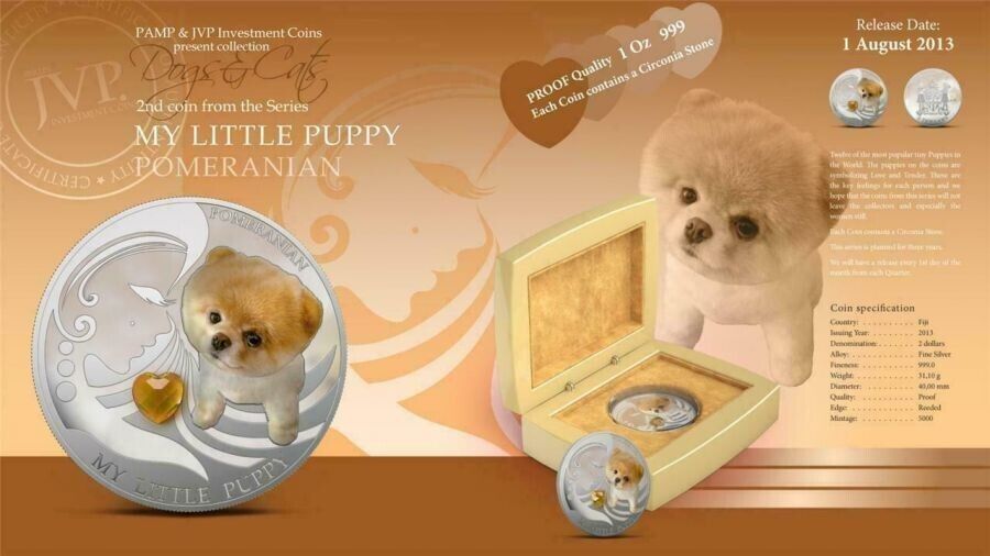 1 Oz Silver Coin 2013 $2 Fiji Dogs & Cats - My Little Puppy w/ stone Pomeranian-classypw.com-6