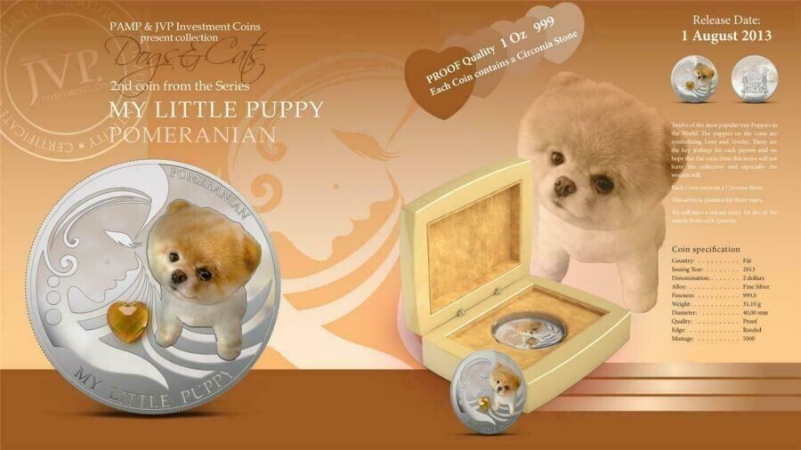 1 Oz Silver Coin 2013 $2 Fiji Dogs &amp; Cats - My Little Puppy w/ stone Pomeranian-classypw.com-6