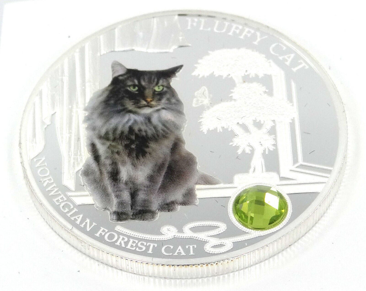 1 Oz Silver Coin 2013 $2 Fiji Dogs &amp; Cats - Norwegian Forest Fluffy Cat w/ stone-classypw.com-2