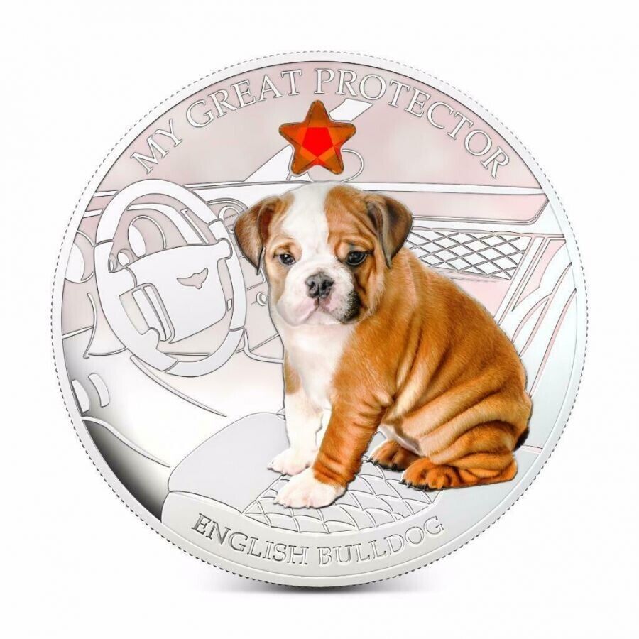 1 Oz Silver Coin 2013 $2 Fiji Dogs &amp; Cats - Protector w/ stone English Bulldog-classypw.com-1