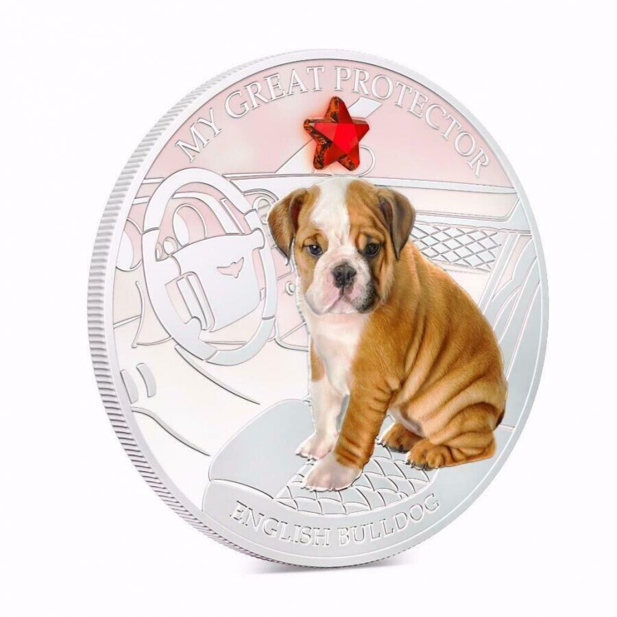 1 Oz Silver Coin 2013 $2 Fiji Dogs & Cats - Protector w/ stone English Bulldog