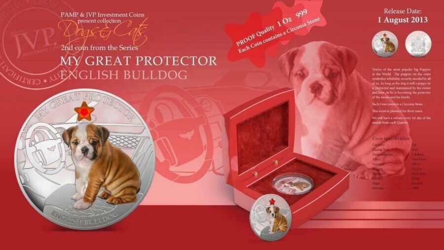 1 Oz Silver Coin 2013 $2 Fiji Dogs &amp; Cats - Protector w/ stone English Bulldog-classypw.com-5