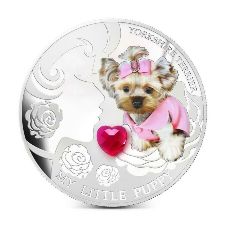 1 Oz Silver Coin 2013 $2 Fiji Dogs &amp; Cats - Puppy w/ stone - Yorkshire Terrier-classypw.com-1