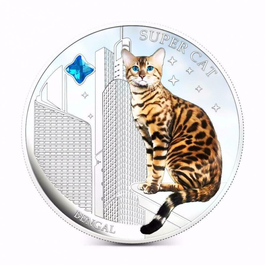 1 Oz Silver Coin 2013 $2 Fiji Dogs &amp; Cats - Super Cat with stone - Bengal-classypw.com-1