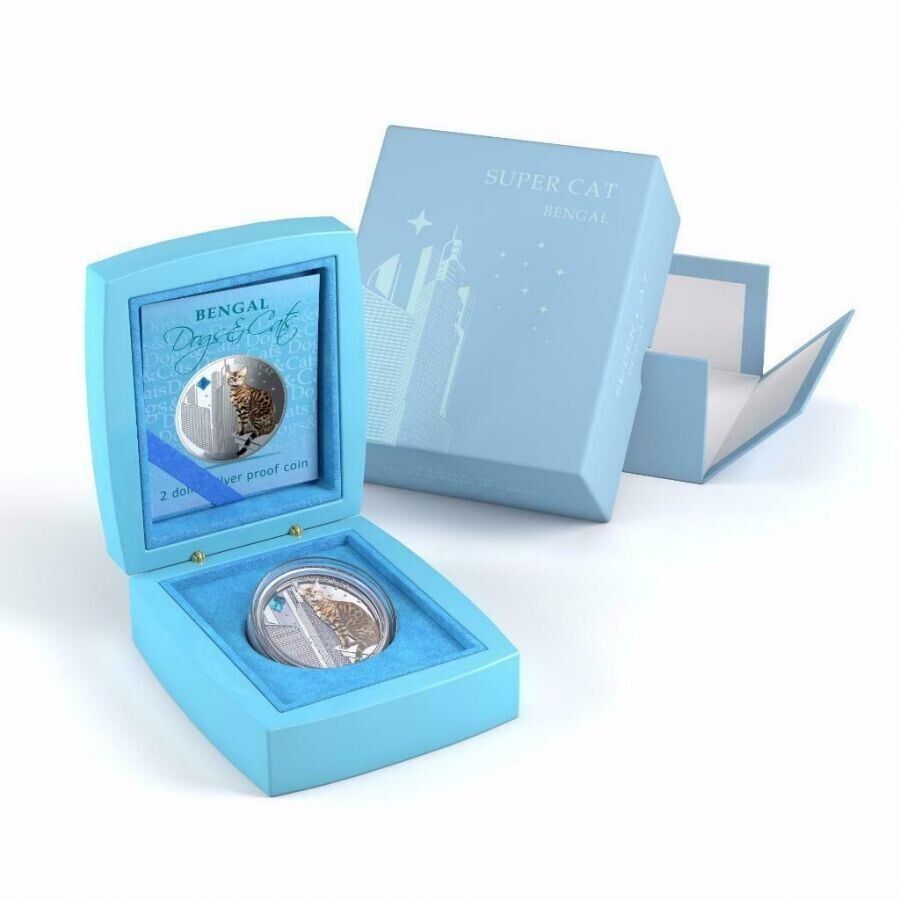 1 Oz Silver Coin 2013 $2 Fiji Dogs &amp; Cats - Super Cat with stone - Bengal-classypw.com-2