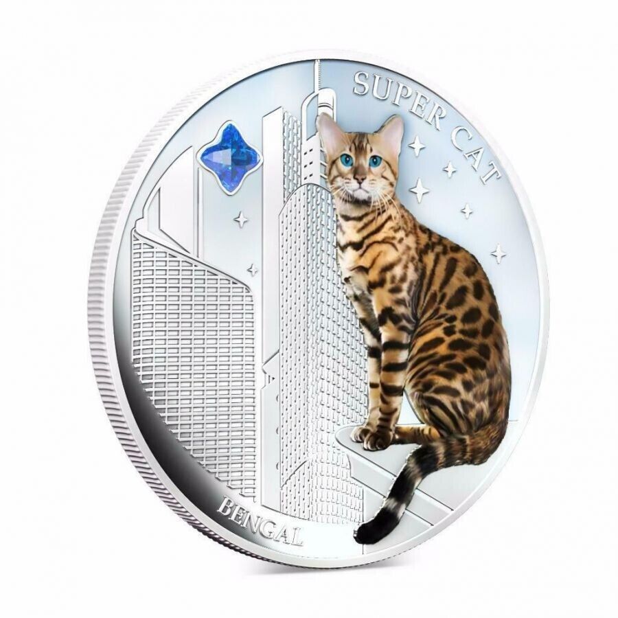 1 Oz Silver Coin 2013 $2 Fiji Dogs &amp; Cats - Super Cat with stone - Bengal-classypw.com-3