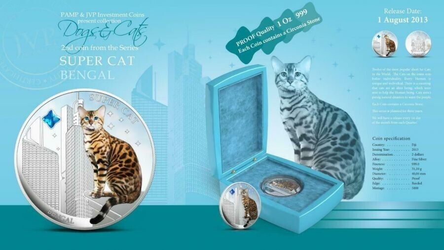 1 Oz Silver Coin 2013 $2 Fiji Dogs &amp; Cats - Super Cat with stone - Bengal-classypw.com-5