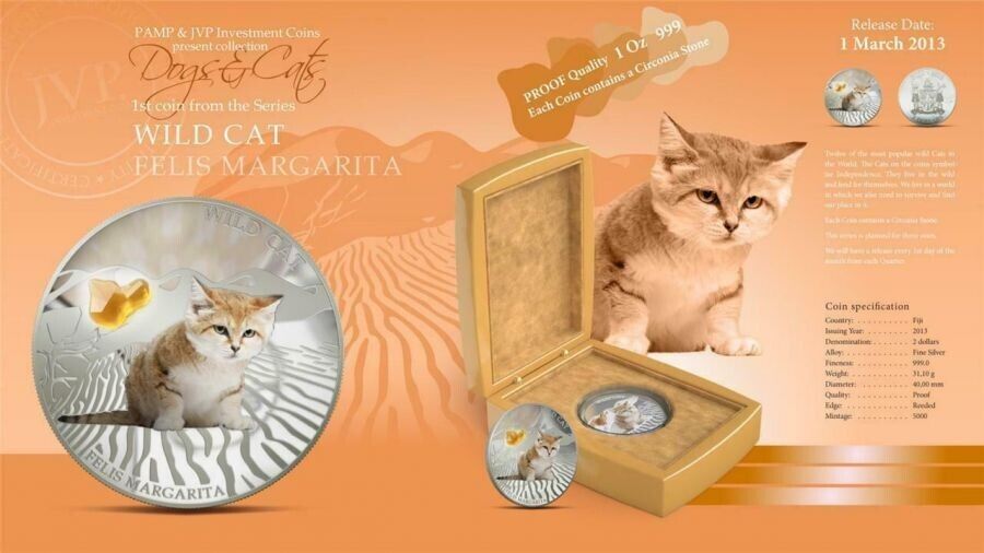 1 Oz Silver Coin 2013 $2 Fiji Dogs &amp; Cats - Wild Cat w/ stone - Felis Margarita-classypw.com-6