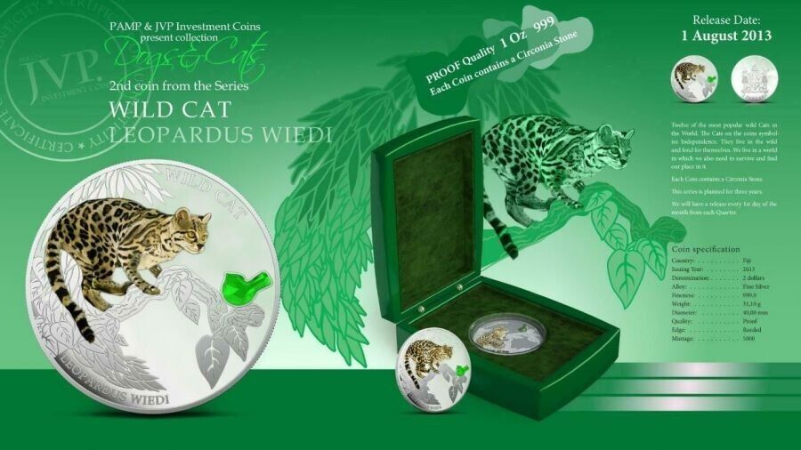 1 Oz Silver Coin 2013 $2 Fiji Dogs & Cats - Wild Cat w/ stone - Leopardus Wiedi-classypw.com-5