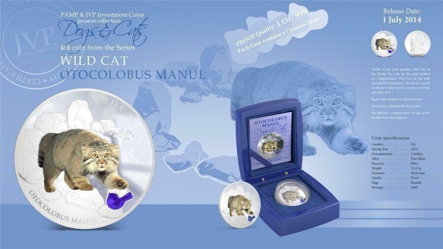 1 Oz Silver Coin 2013 $2 Fiji Dogs &amp; Cats - Wild Cat w/ stone - Otocolobus Manul-classypw.com-5