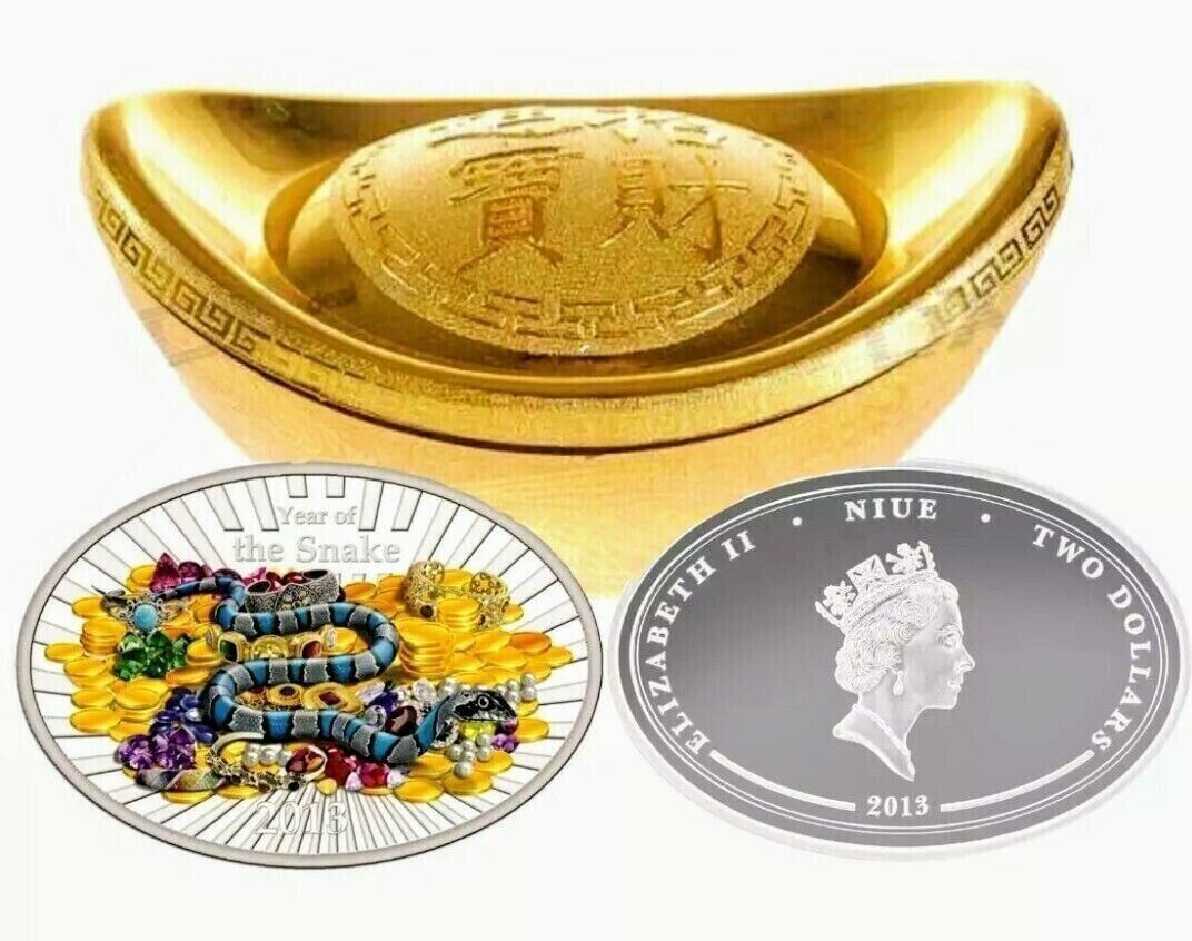 1 Oz Silver Coin 2013 $2 Niue Year of the Snake Lucky Oval with Case and Box-classypw.com-1