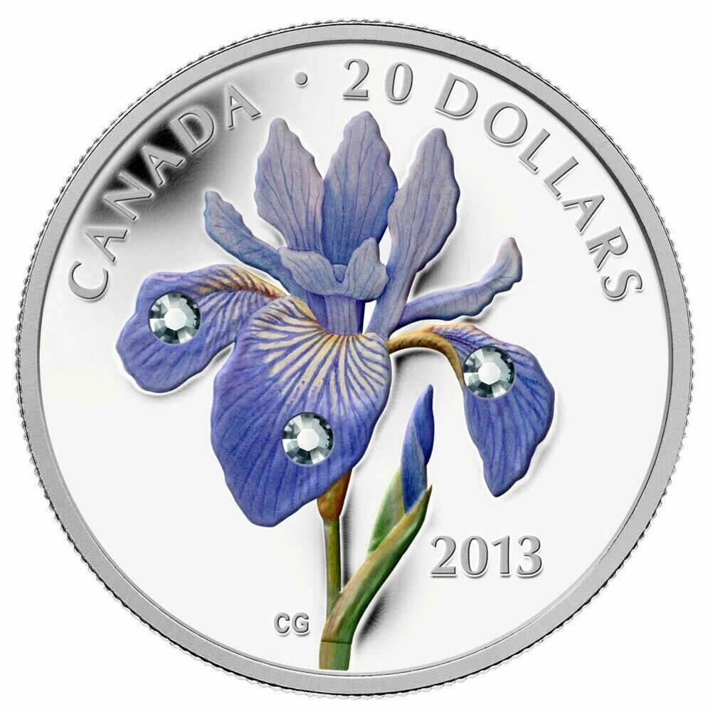 1 Oz Silver Coin 2013 $20 Canada Blue Flag Iris veriscolor Swarovski Dew Drops-classypw.com-1