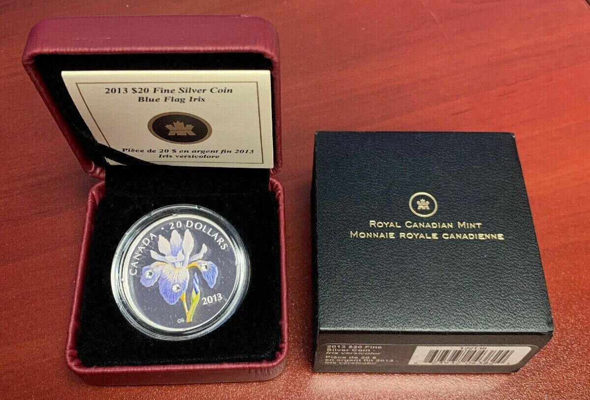 1 Oz Silver Coin 2013 $20 Canada Blue Flag Iris veriscolor Swarovski Dew Drops-classypw.com-3