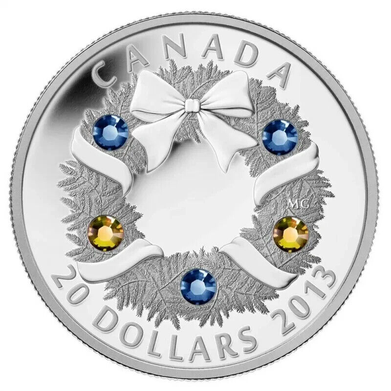 1 Oz Silver Coin 2013 Canada $20 Winter Holiday Wreath with Swarovski Crystals-classypw.com-1