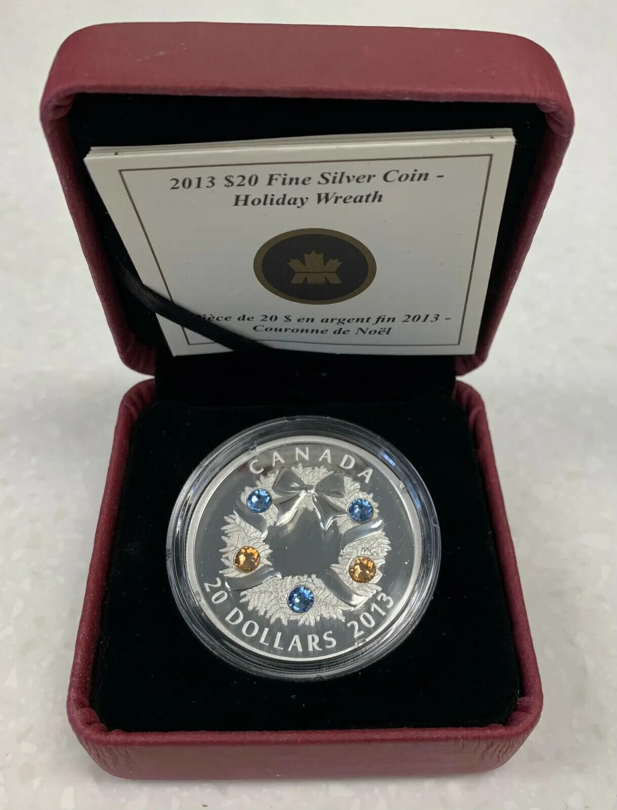 1 Oz Silver Coin 2013 Canada $20 Winter Holiday Wreath with Swarovski Crystals-classypw.com-4