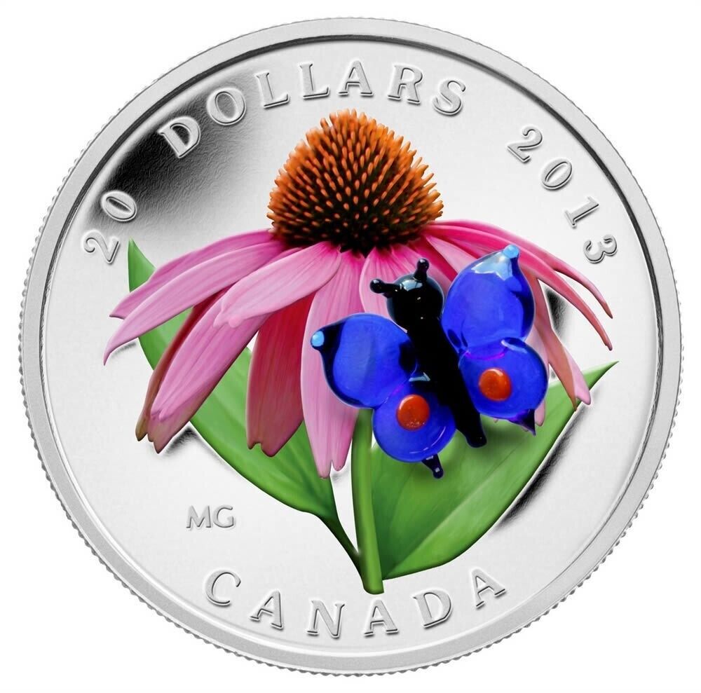 1 Oz Silver Coin 2013 Canada Glass Purple Coneflower &amp; Eastern Tailed Butterfly-classypw.com-1