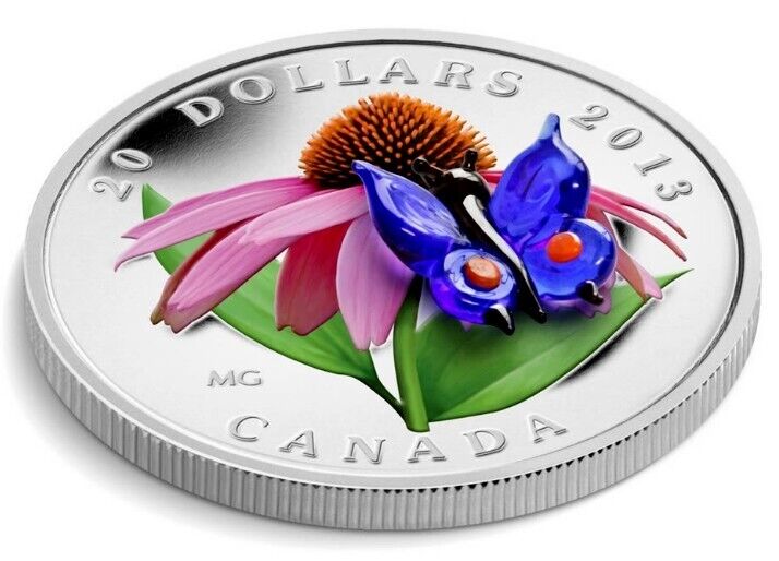 1 Oz Silver Coin 2013 Canada Glass Purple Coneflower & Eastern Tailed Butterfly-classypw.com-1