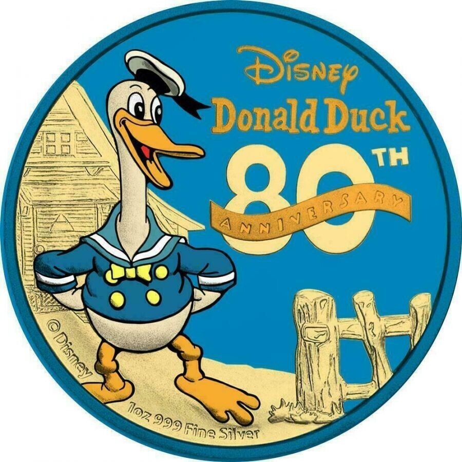 1 Oz Silver Coin 2014 $2 Disney Donald Duck 80th Anniversary Blue Gilded Gold-classypw.com-1