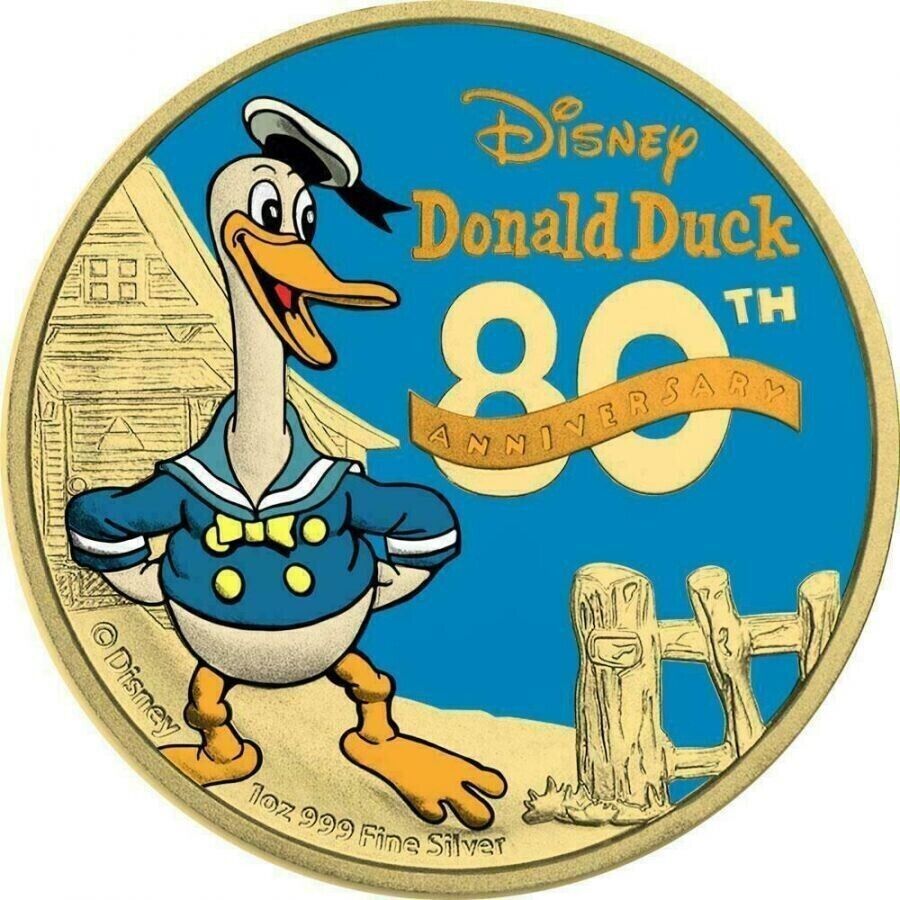 1 Oz Silver Coin 2014 $2 Disney Donald Duck 80th Anniversary Yellow Gilded Gold-classypw.com-1