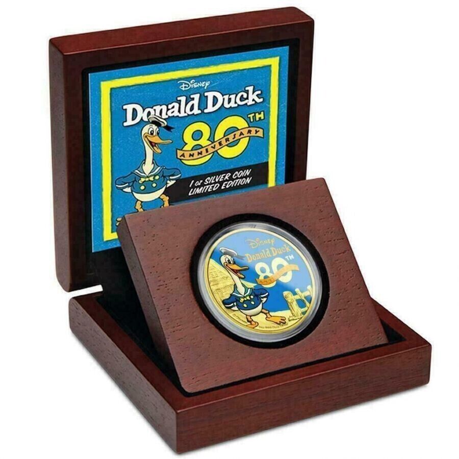 1 Oz Silver Coin 2014 $2 Disney Donald Duck 80th Anniversary Yellow Gilded Gold-classypw.com-3