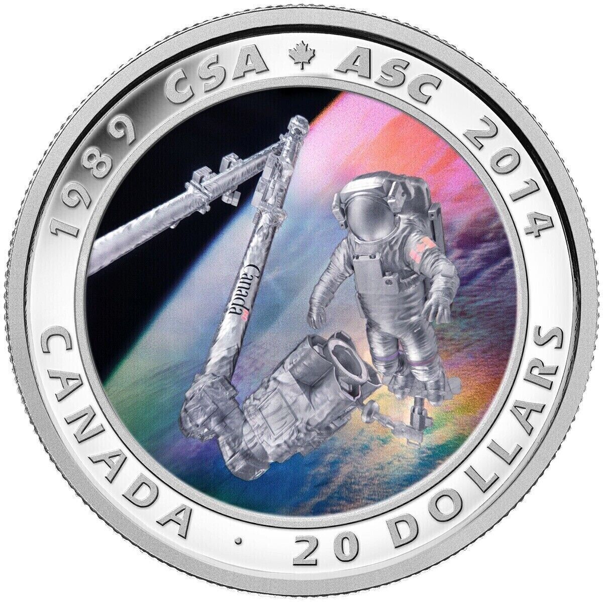 1 Oz Silver Coin 2014 $20 Canada 25th Anniversary Canadian Space Agency Hologram-classypw.com-1