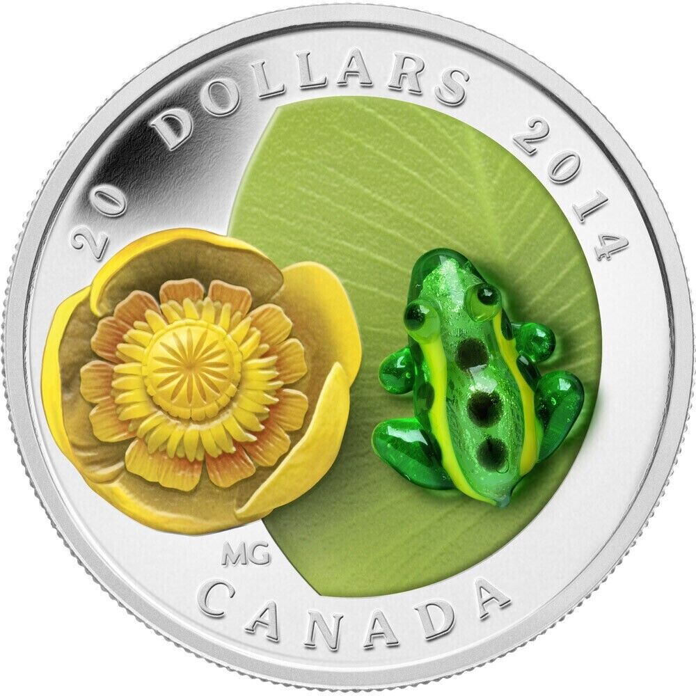 1 Oz Silver Coin 2014 $20 Canada Murano Italy Glass Water Lily and Leopard Frog-classypw.com-1