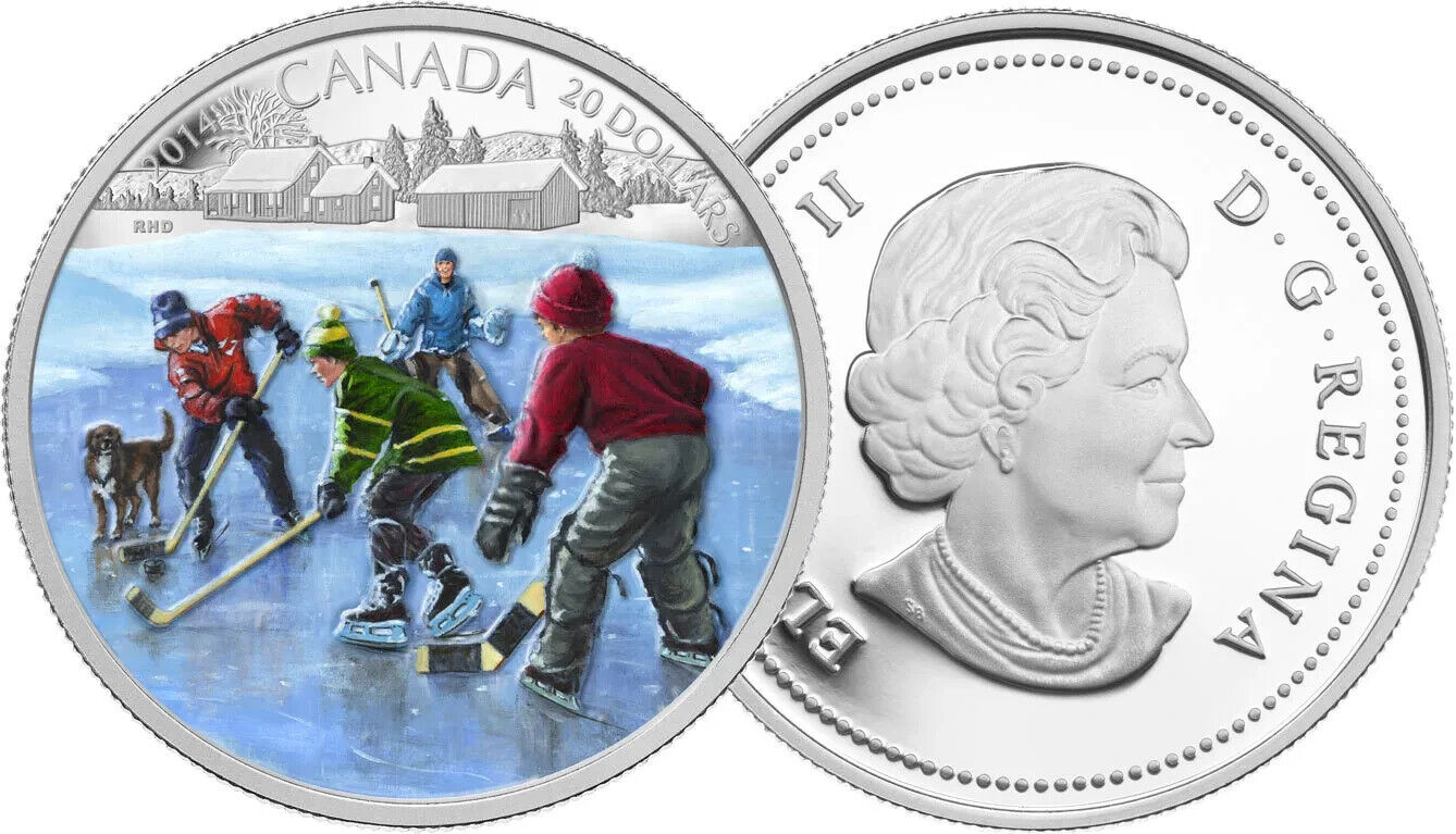 1 Oz Silver Coin 2014 Canada $20 Color Proof Pond Hockey-classypw.com-2